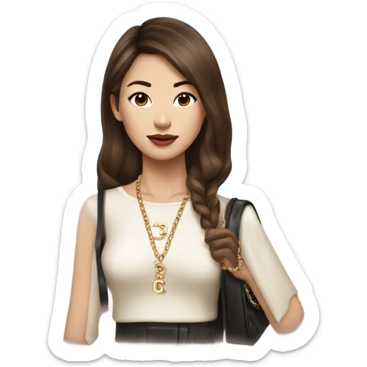Realistic brown hair Chanel Asian Girl with Birkin bag and Chanel necklace sticker