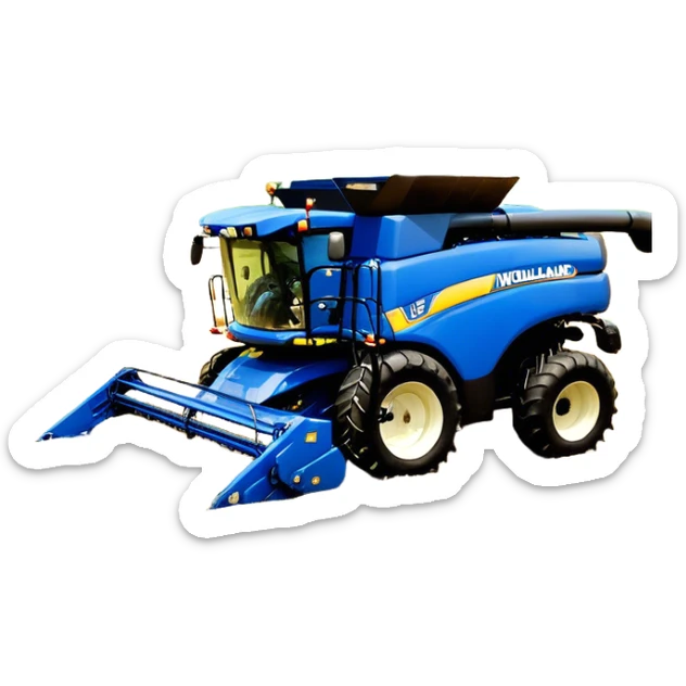 New Holland Roll-Belt 560 (2018) – Cinematic-realistic New Holland Roll-Belt 560 baler, its blue body steadily compressing golden hay into tight, round bales. The rhythmic motion of the machine continues as dust swirls in the afternoon heat, with rows of freshly cut grass stretching toward the horizon. sticker