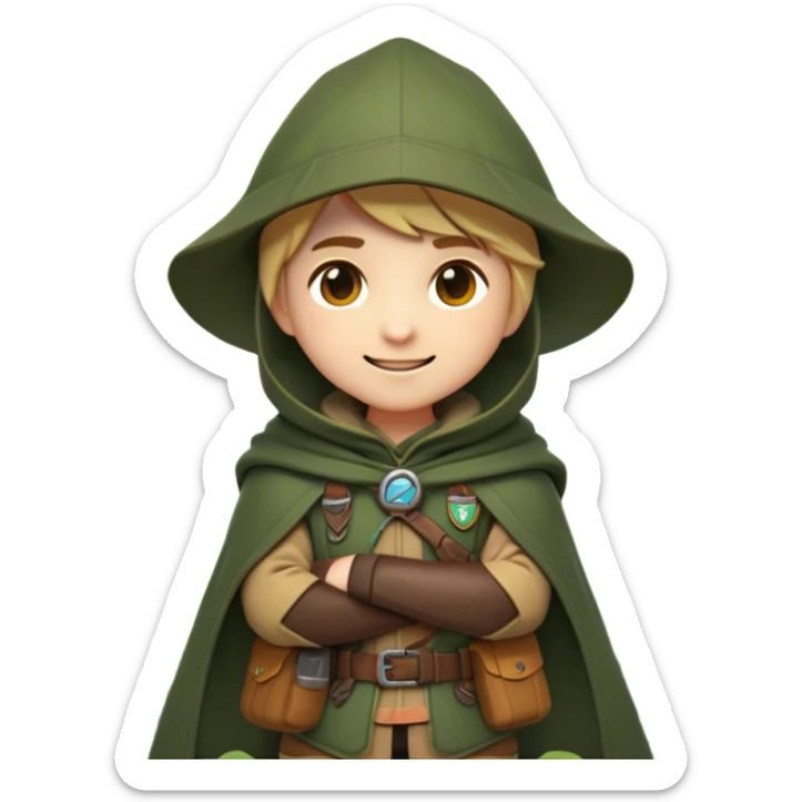 Clash of Clans aesthetic Playful Ranger Portrait Emoji, Head tilted with a friendly, mischievous smile and bright, curious eyes, featuring a compact, nimble build outfitted in rugged, earthy gear and a stylish cloak, his natural skin tone adding authenticity, Simplified yet irresistibly charming features, highly detailed, glowing with a warm, inviting forest glow, high shine, spirited and lively, stylized with an air of whimsical woodland adventure, soft glowing outline, capturing the essence of a playful ranger exuding friendly natural charm! sticker
