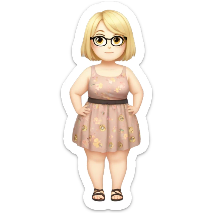 Chubby anime girl with glasses and short blond hair, full body wearing cute dress sticker