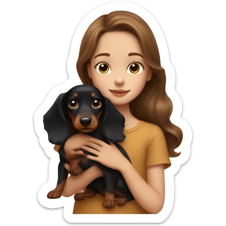 Brown long wavy hair girl with blue eyes cuddling a small honey black dachshund sticker