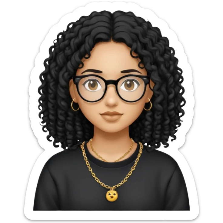 Mixed girl /curly long hair black / with black eyes glasses black sweat shirt middle part flat piercing and small thin gold chain  sticker