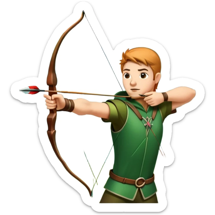 A skilled archer, resembling Robin Hood, drawing a bow and releasing an arrow towards a target. The scene captures the perfect moment of release, with the bowstring taut and the arrow flying toward the bullseye, set in a forest or archery range background. sticker