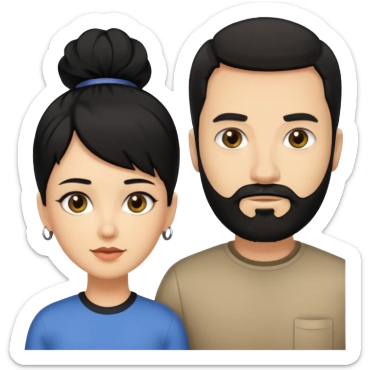 Man and woman standing next to eachother. Man is light skinned, black short hair and a full black beard that is trimmed. Woman has black hair and hazel eyes  sticker