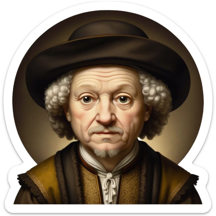 Cinematic Realistic portrait of Rembrandt, shown as a master artist with deep, introspective eyes and richly detailed period clothing, rendered with dramatic chiaroscuro lighting that emphasizes his legacy sticker