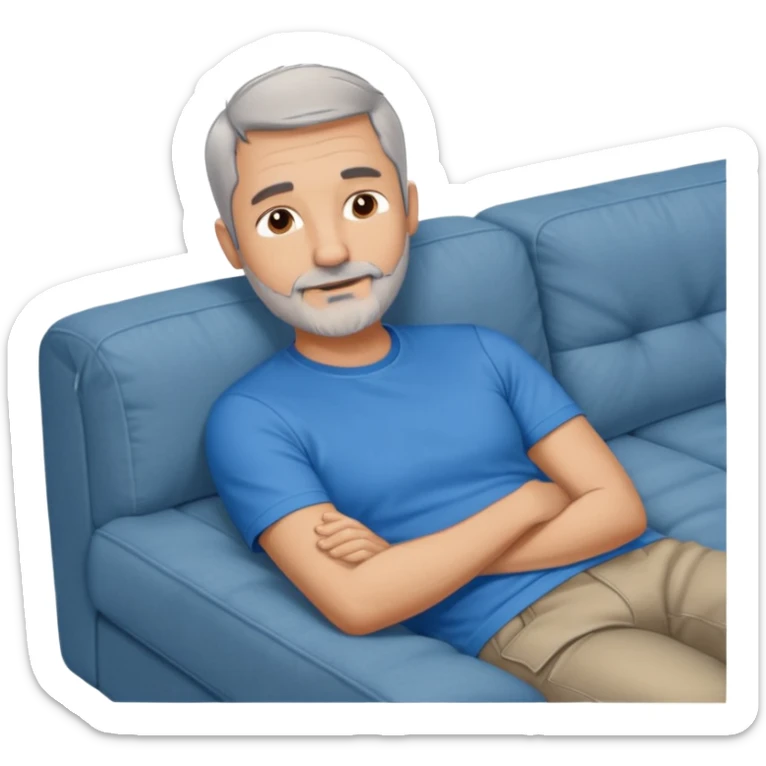 a 50 yo man short grey hair stubble beard laying on a ottoman of a light grey cord couch sticker