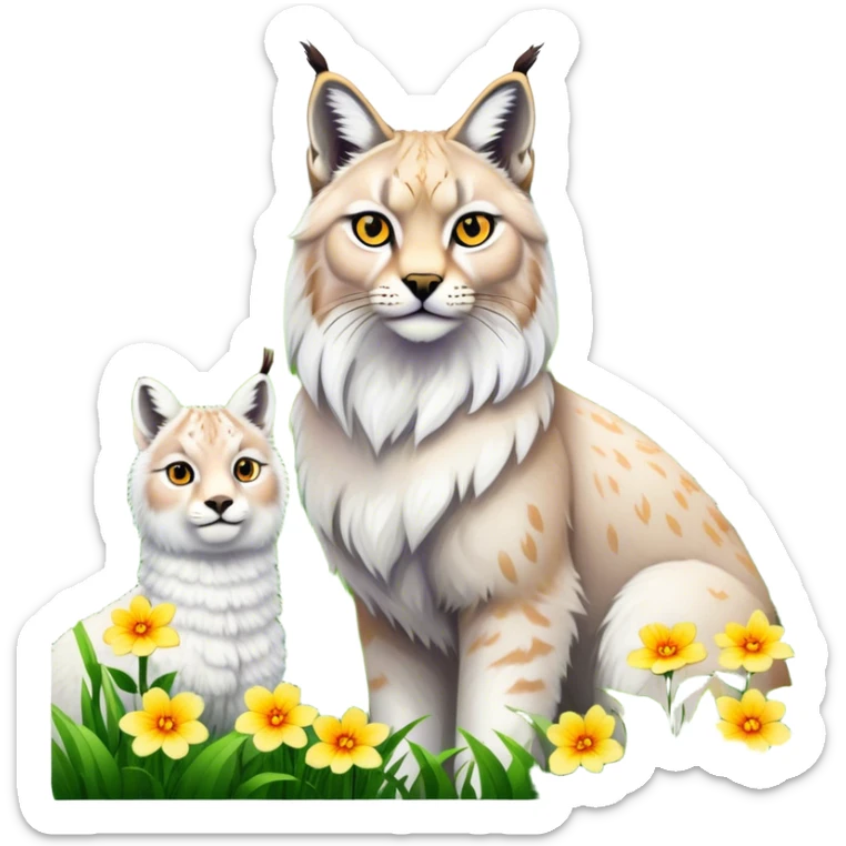 Collage of exotic animals: a lynx with striking eyes, and a fluffy alpaca standing in a lush meadow. The lynx gazes intently while the alpaca looks calm and curious. Surrounded by vibrant plants and flowers. Transparent background for a lively, colorful scene. sticker