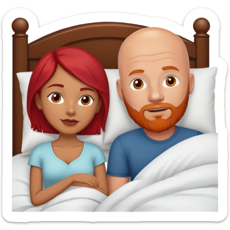 White Bald man with red beard and, Hispanic woman with dark brown hair in bed sticker