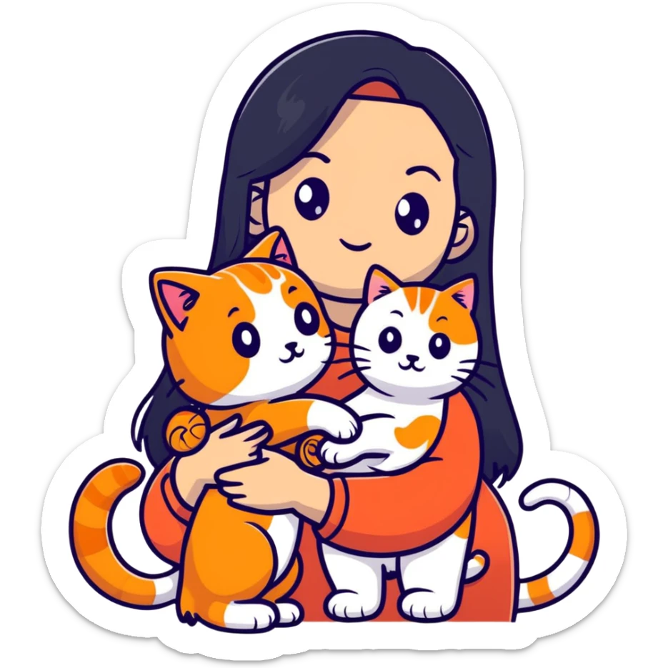 beautiful elegant girl with long black hair holding a friendly ginger cat sticker