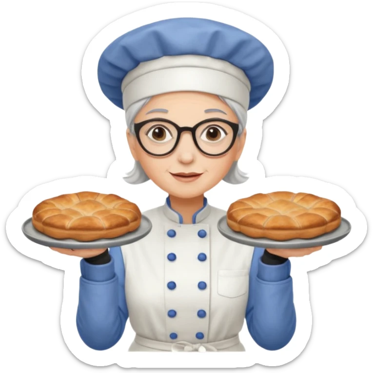 Older female pastry chef – round glasses, oven mitts on, holding a tray of pastries.

 sticker