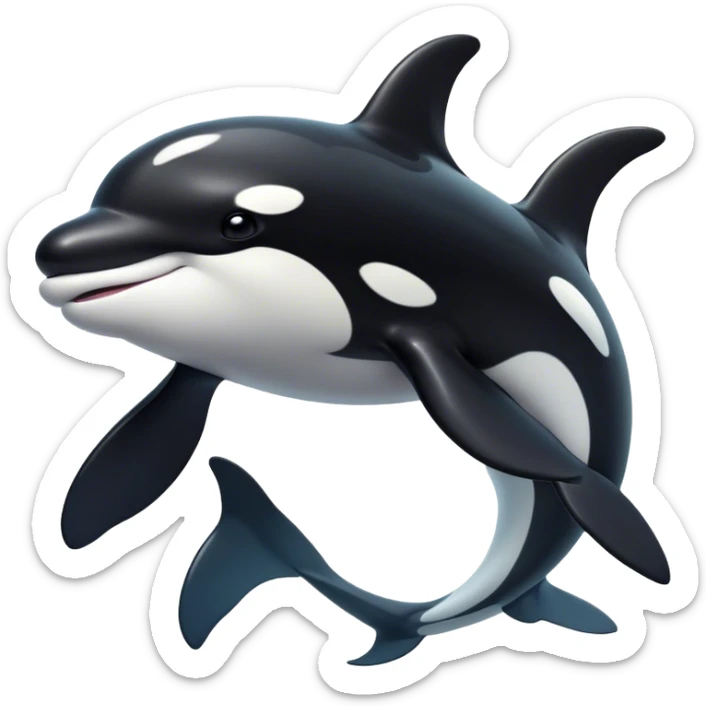 Cinematic Noble orca Portrait Emoji, Poised and majestic, with a sleek, streamlined black-and-white body, piercing intelligent eyes, and a powerful, commanding presence, Simplified yet sharp and sophisticated features, highly detailed, glowing with a soft oceanic radiance, high shine, intelligent and formidable, stylized with an air of deep-sea dominance, focused and alert, soft glowing outline, capturing the essence of an apex predator that appears ready to surge out of the waves with effortless authority! sticker