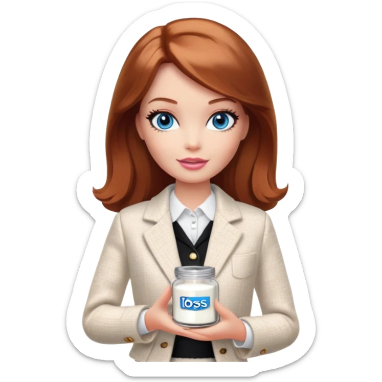 A Barbie girl with blue eyes, shoulder-length reddish-brown hair, made-up, in a white tweed jacket and black skirt, holding a jar of pale beige body cream sticker