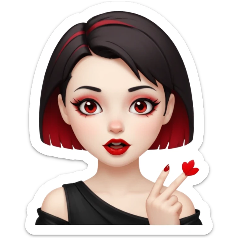 A girl with goth makeup and short hair( dark brown and bottom of hair red) winking and blowing kiss while raising one shoulder.  sticker