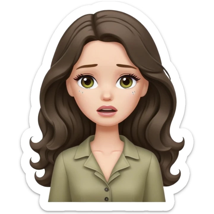 A white Barbie girl with long dark brown wavy hair in pale olive clothes crying with tears  sticker