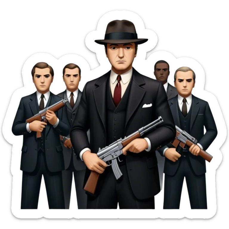 Vintage noir poster with Don Corleone surrounded by gangsters holding Thompson submachine guns. Dark and moody atmosphere with shadows, suits, and a mysterious vibe. Background features New York skyscrapers, adding to the gritty, classic gangster film feel. Transparent background. sticker