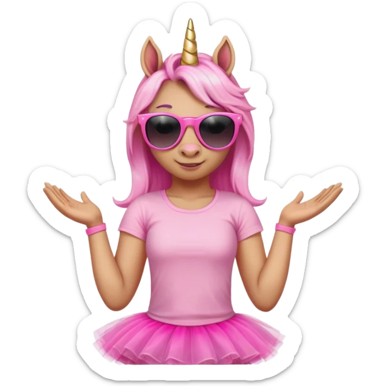 friendly anthropomorphised female unicorn with horse-like face, in tutu and pink t-shirt, wearing dark sunglasses, relaxed pose, close-crop head and shoulders sticker