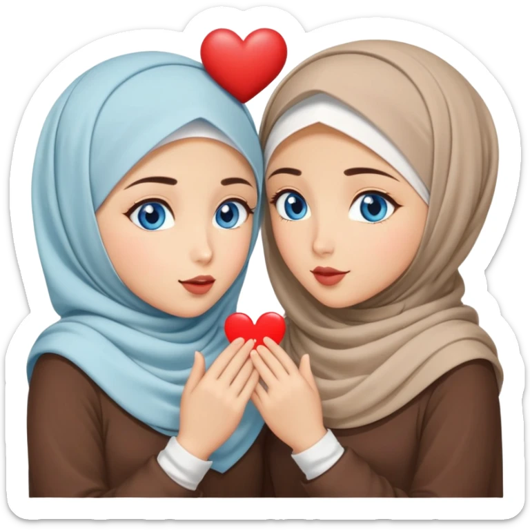 Two Turkish beautiful finish Konya friendly girls blue eyes with hijab and heart dress and Scattering kisses outside  sticker