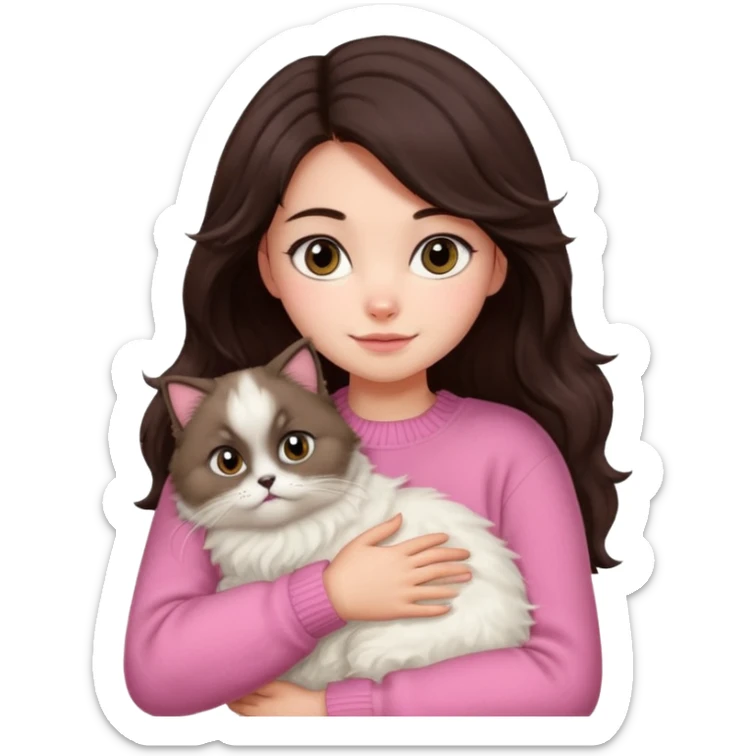 a girl with medium wavy dark brown hair, wearing a pink sweater, hugging a Himalayan cat sticker