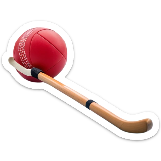 A red ball and hockey stick resting on an ice rink, with the goalposts and clear markings in the background. The scene captures the unique nature of field hockey with a ball on ice, emphasizing the speed and precision of the sport in a cold, competitive atmosphere. sticker