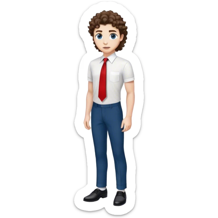 full body white skin curly mullet brown hair white shirt red tie black pants and shoes and greek and blue eyes sticker