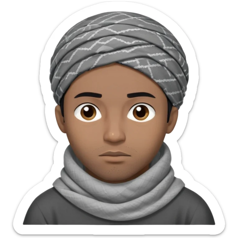 người đàn ông 30 tuổi, da đen, tóc ngắn màu đen, đội khăn kaffiyeh trùm đầu màu xám, biểu cảm buồn ngủ, áo đen, nửa thân treen sticker