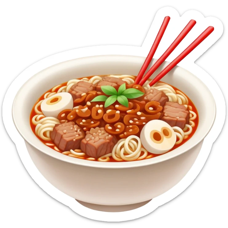 Fuzhou Lychee Pork Noodles with meat sauce and noodles, simplified emoji style with bold outlines and bright colors, cartoon style Fujian specialty Ban Mian sticker