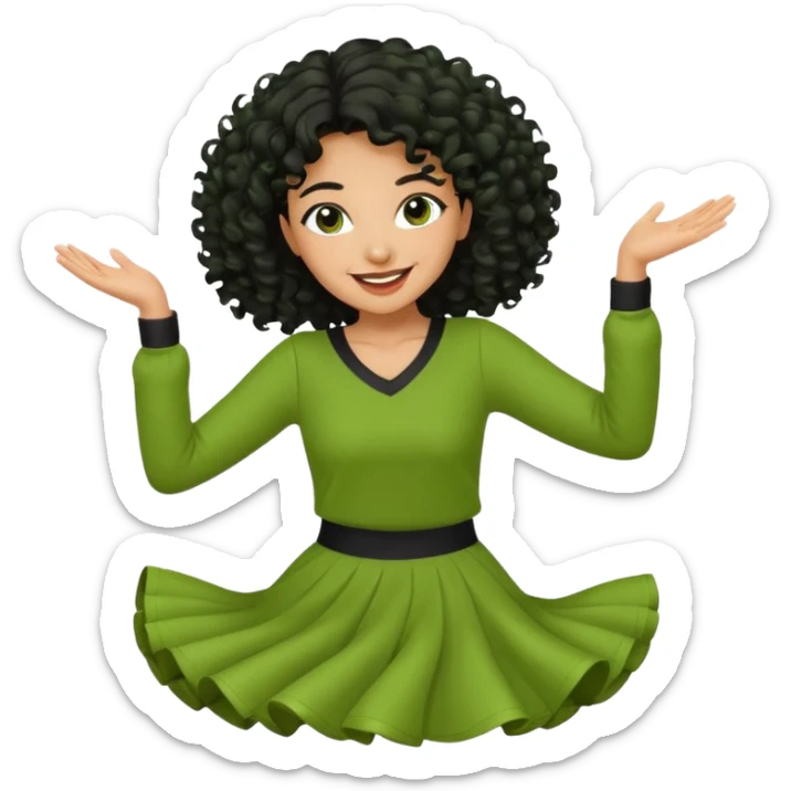 a woman with olive skin tone and curly black hair wearing green and dancing sticker