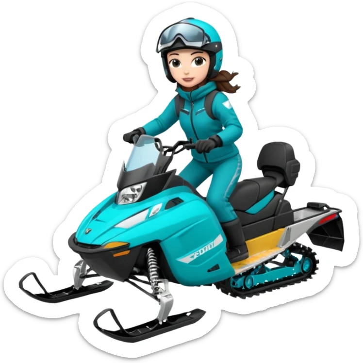 Can you create an emoji of a brunette girl on a teal polaris khaos 850 155 snowmobile doing a wheelie sticker