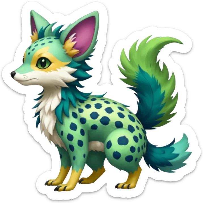 Feral Rare Fantasy colorful vibrant Vernid-Trico-species-Fakemon-creature by LiLaiRa, random markings, tufted tail, tufted ears, full body sticker