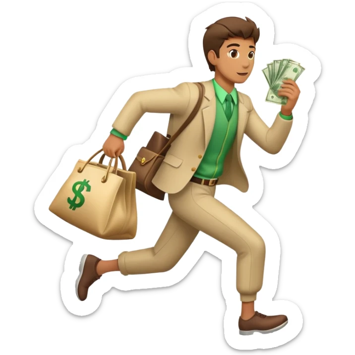 Man in costume, holding a bag money, side view, male, running away sticker