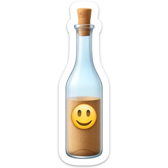 elegant tall glass bottle with long neck, simple cork or screw cap, frosted glass, transparent colorless liquid, no label or fruit, just the bottle, apple emoji style, soft lighting, transparent background, emoji scale sticker