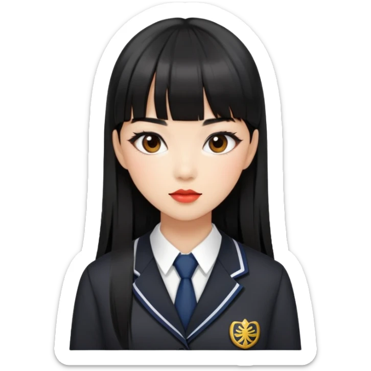 chic woman with Asian skin, black long straight bangs, wearing a school uniform, and makeup sticker