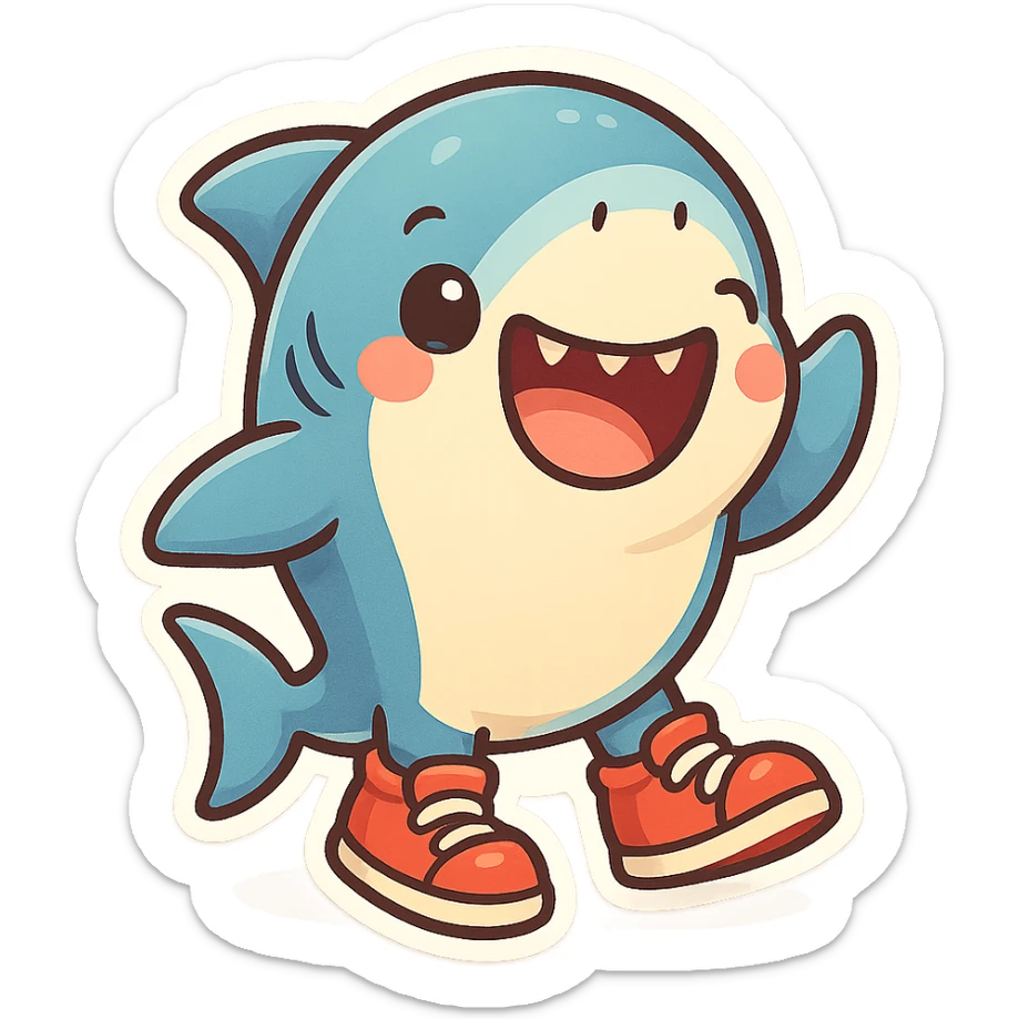 a fun and cute shark wearing shoes, colorful chibi sticker style, cheerful expression sticker