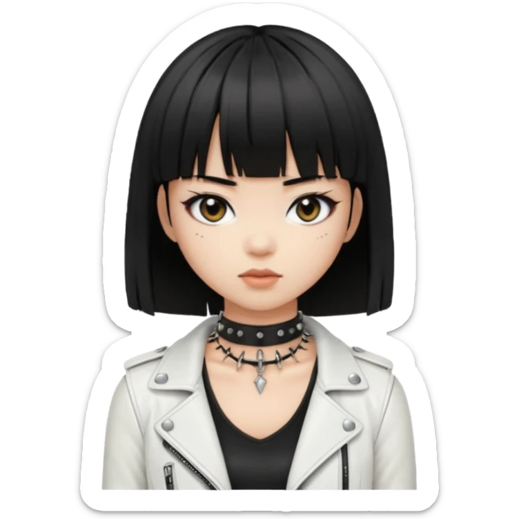 A asian girl with Black eyes and black straight hair with a bob and bangs with a black spiked chocker with white tank top with a leather jacket on sticker