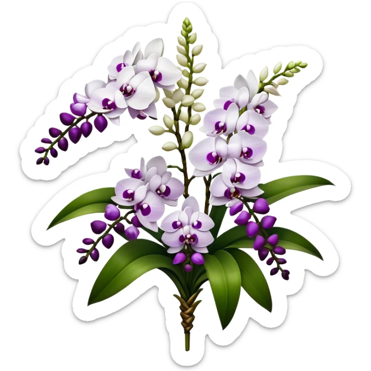 big bouquet white purple Rhynchostylis Orchid, stem, leaf, luxuriant sticker