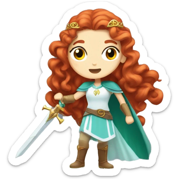 a white girl with long red curly hair and freckles, cosplaying Princess Zelda posing and ready for a fight sticker