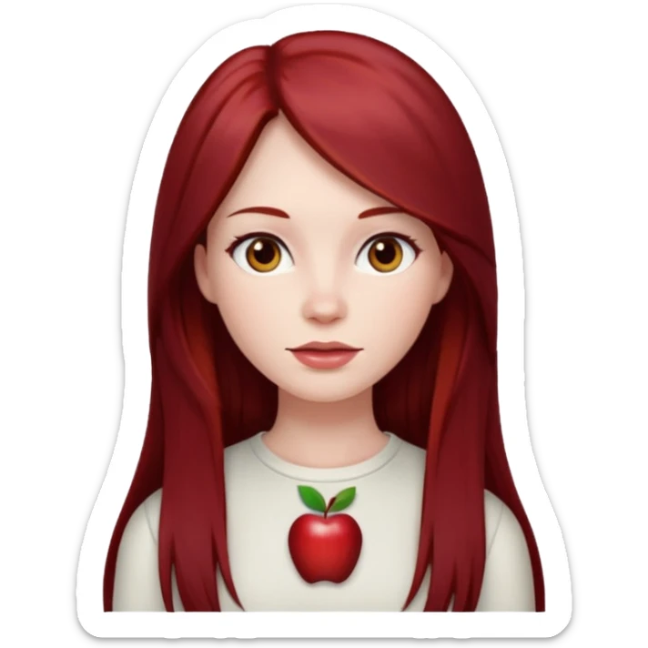woman, pale skin, long straight dark red hair with layers, brown eyes, white top, apple emoji style sticker
