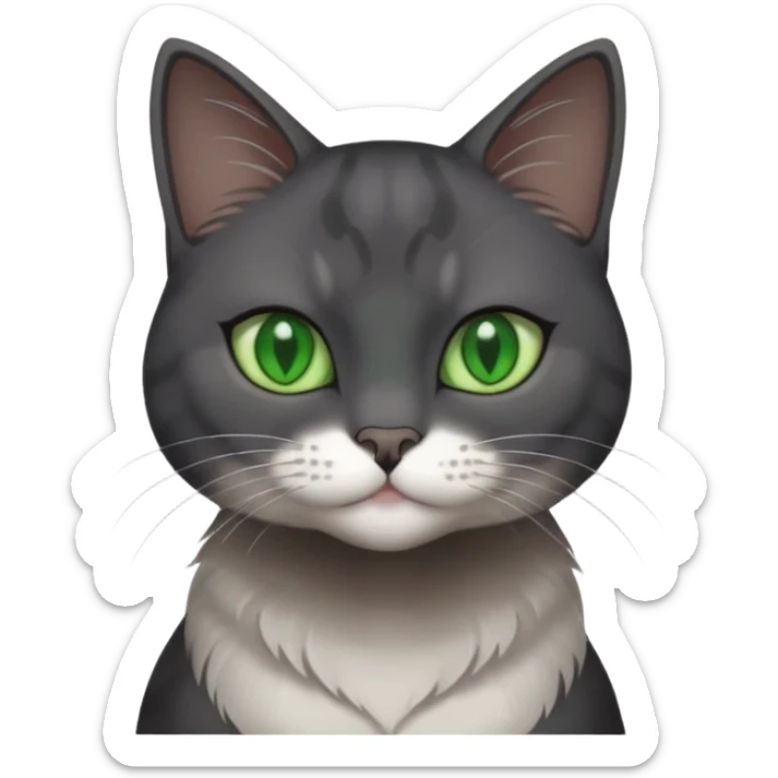 full body view of beautiful female solid dark grey cat with green eyes, white toes/paws and white patch on her chest sticker