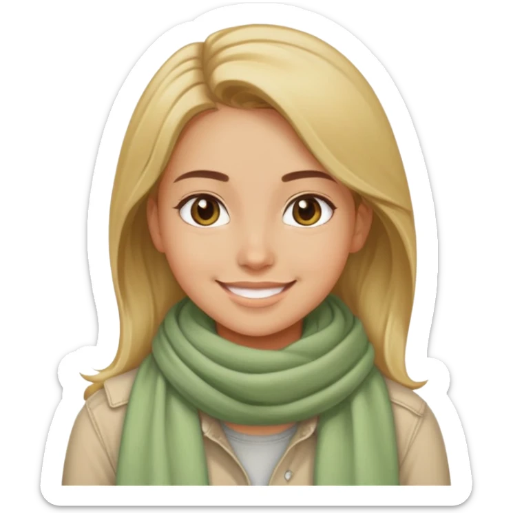 smiling girl with wheatish complexion, beige scarf, light green shirt, jeans sticker