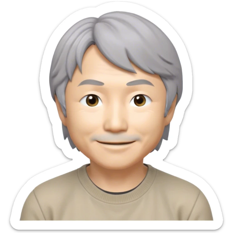 ​Cinematic Realistic Portrait of a Smiling Shigeru Miyamoto, depicted with warm, approachable features, gentle grey-tinted hair, and kind, expressive eyes, set against a subtle backdrop hinting at iconic video game imagery, rendered with lifelike textures and soft, inviting lighting that captures his innovative spirit, sticker