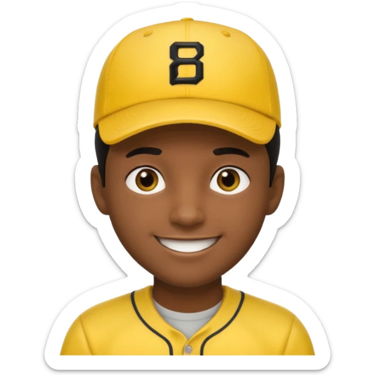 A man with dark skin tone, wearing a bright yellow baseball cap, short black hair mostly covered by the cap, large brown eyes, and a wide smile. sticker