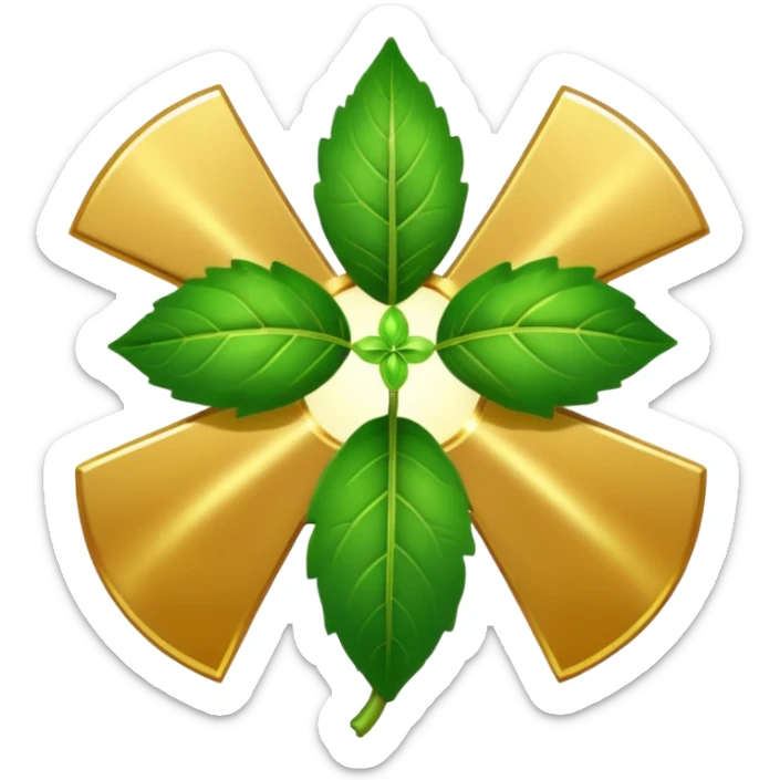 "A clean, friendly emoji of three vibrant green Tulsi (Holy Basil) leaves centered over a small, glowing golden cross or 'plus' sign, symbolizing healing. Simple, flat, 32x32 pixel icon style. Transparent background. Icon for natural healing and wellness." sticker