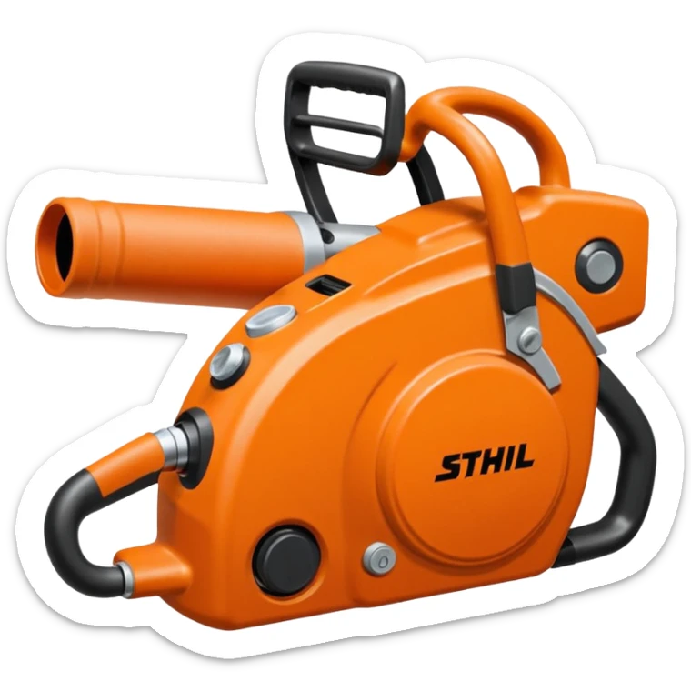 Motorsäge vom STIHL mit grauem Gehäuse, orangenem Deckel und schwarzen Griffen sticker