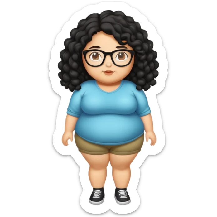 Olive skin Fat girl full body cute with glasses long black curly hair  sticker