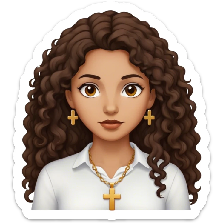 Brown tan woman with dark curly long hair white shirt with cross necklace sticker