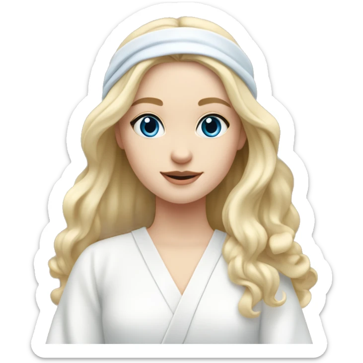  girl with pale skin and blue eyes and long blonde wavy hair doing skincare with white headband and white robe on sticker