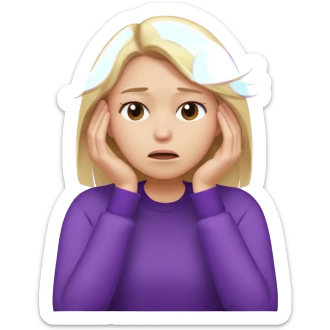 Emoji-style illustration of a frustrated young woman, smooth, shiny, perfectly styled blonde hair, wearing a purple sweater, holding her face in her hands, expressing annoyance and disappointment, cartoonish, expressive, simple lines, flat colors, clear silhouette sticker