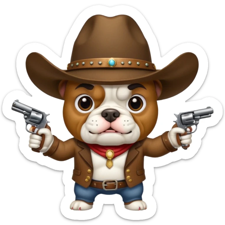 A bulldog wearing a cowboy hat pointing a revolver at you and telling you to hand over your money. sticker