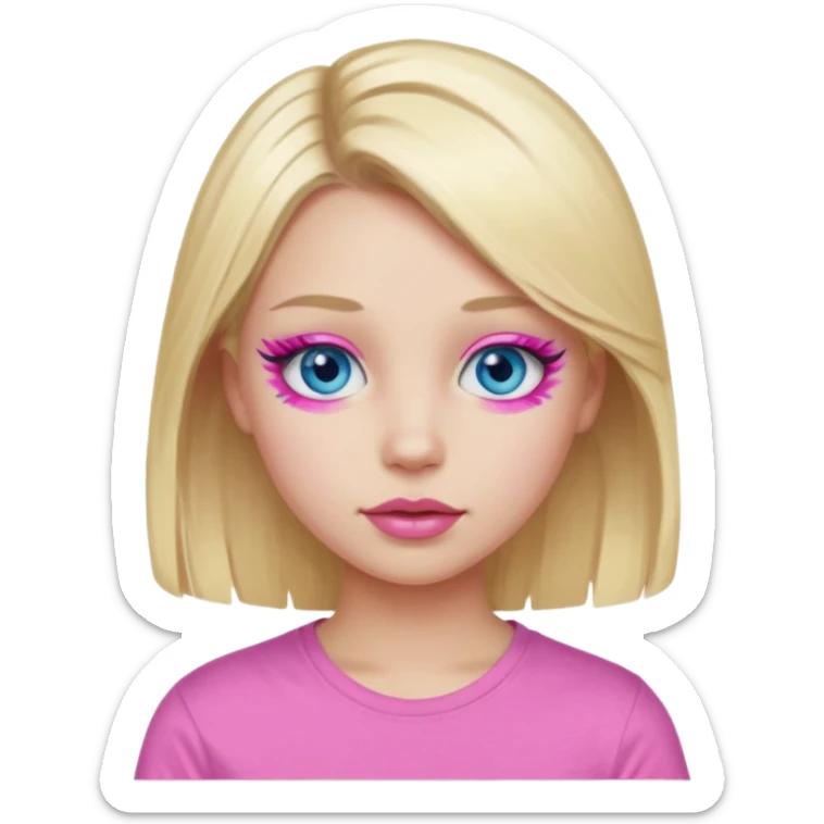 girl with blue eyes blonde in a pink t-shirt with pink lips painted eyelashes and soft facial features sticker