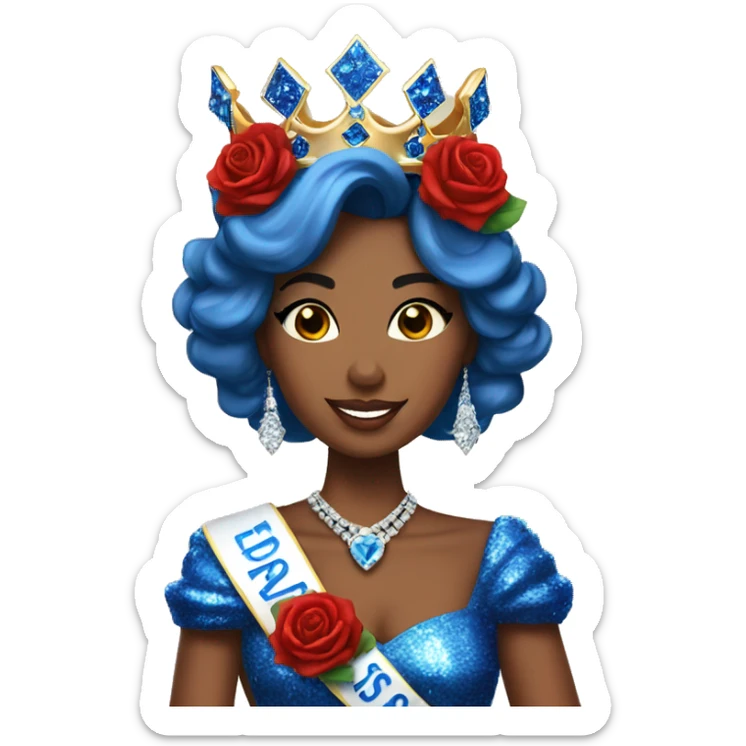 Miss Massachusetts wearing a crown and blue sparkly dress holding red roses sticker